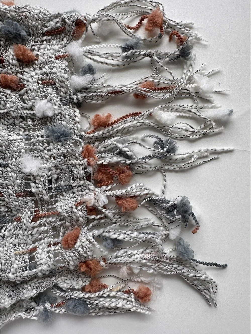 Boho Art Yarn Scarf Textured Gray Rust Fringe Artisan Eclectic Womens Statement